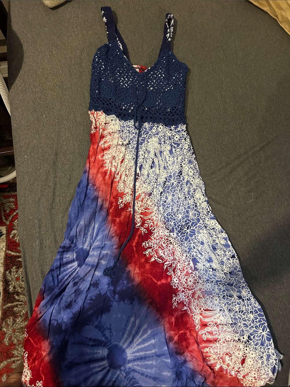 Crochet Bodice Red, White & Blue Tie-Dye Maxi Dress